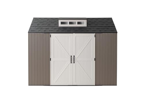 Rubbermaid Extra Large Resin Outdoor Storage Shed With Floor (7 x 10 Ft.), Weather Resistant, Brown, Organization for Home/Lawn Mower/Backyard Equipment/Bike Storage/Pool Supplies