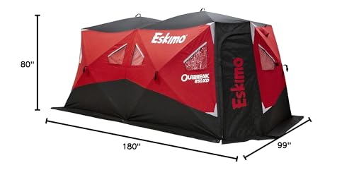 Eskimo Outbreak Portable Pop-Up Ice Fishing Shelter, Stormshield Insulated Fabric, No Trip Door, Durable Hub Design, Deluxe Tie Downs, Red/Black