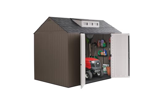 Rubbermaid Extra Large Resin Outdoor Storage Shed With Floor (7 x 10 Ft.), Weather Resistant, Brown, Organization for Home/Lawn Mower/Backyard Equipment/Bike Storage/Pool Supplies