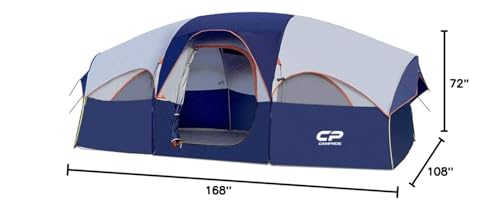 CAMPROS CP Tent 8 Person Camping Tents, Weather Resistant Family Tent, 5 Large Mesh Windows, Double Layer, Divided Curtain for Separated Room, Portable with Carry Bag