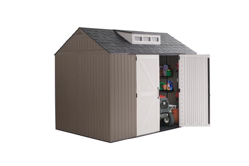 Rubbermaid Extra Large Resin Outdoor Storage Shed With Floor (7 x 10 Ft.), Weather Resistant, Brown, Organization for Home/Lawn Mower/Backyard Equipment/Bike Storage/Pool Supplies
