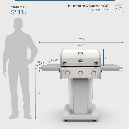 Kenmore 3-Burner Propane BBQ Grill, 30,000 BTUs Gas Grill with Cast Iron Cooking Grates, Folding Side Tables & Wheels, Outdoor Grill with Tool Hooks, Azure Blue