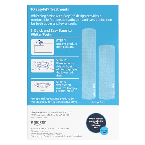 Amazon Basics 10 Day Teeth Whitening Strips Kit, Enamel Safe Formula, Convenient Daily Use, 10 Treatments, 1-Pack (Previously Solimo)