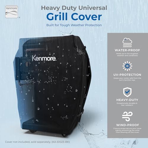 Kenmore 3-Burner Propane BBQ Grill, 30,000 BTUs Gas Grill with Cast Iron Cooking Grates, Folding Side Tables & Wheels, Outdoor Grill with Tool Hooks, Azure Blue