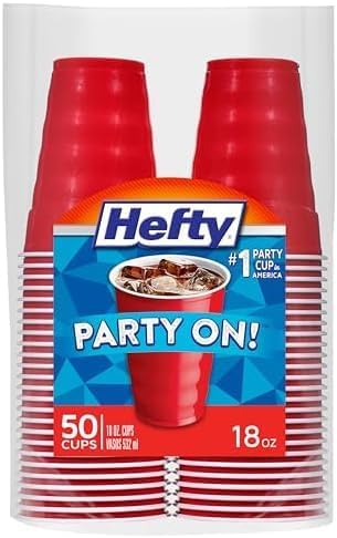 Hefty Party On Red Plastic Cups, Disposable Plastic Party Cups for Easy Cleanup and Large Gatherings, Red Cups for BBQs, Birthdays, Parties, and More, 18 Ounce, 50 Count