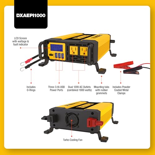 DEWALT DXAEPI1000 Power Inverter 1000W Car Converter with LCD Display: Dual 120V AC Outlets, 3.1A USB Ports, Battery Clamps