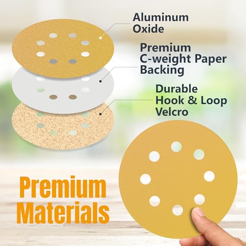 POWERTEC 50 PCS 220 Grit - 5 Inch 8 Hole Hook and Loop Sanding Discs, 5" Sanding Pads for Automotive, Drywall, Woodworking with Orbital Sander, Air, and DA Sander (44022G-50)
