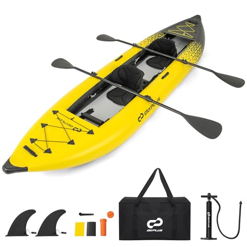 Goplus Inflatable Kayak, 2-Person Kayak Set for Adults with 507 LBS Weight Capacity, 2 Aluminium Oars, EVA Padded Seat, 2 Fins, Hand Pump, Carry Bag, Repair Kit, Portable Touring Kayaks