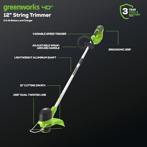 Greenworks 40V Cordless Yard Tool Combo Kit with 2.0Ah Battery & Charger – 12" Auto Feed String Trimmer and 390 CFM Leaf Blower, Lightweight Design