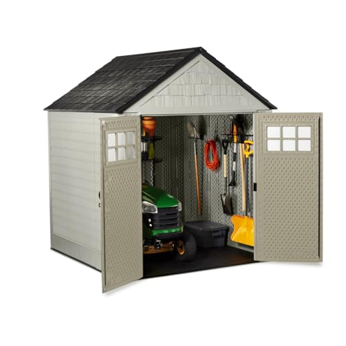Rubbermaid Extra Large Resin Outdoor Storage Shed With Floor (7 x 10 Ft.), Weather Resistant, Brown, Organization for Home/Lawn Mower/Backyard Equipment/Bike Storage/Pool Supplies