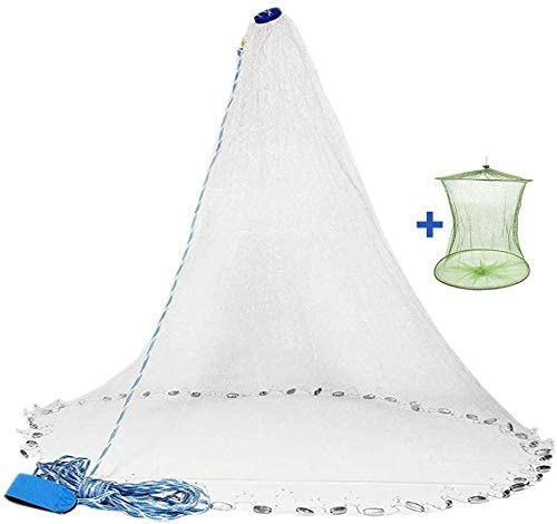 Yeahmart American Saltwater Fishing Cast Net for Bait Trap Fish 3ft/4ft/5ft/6ft/7ft/8ft/9ft/10ft Radius Casting Nets with Heavy Duty Real Zinc Sinker Weights, 3/8inch Mesh Size