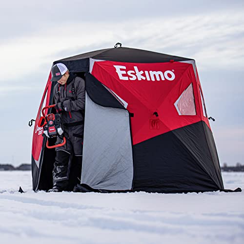 Eskimo Outbreak Portable Pop-Up Ice Fishing Shelter, Stormshield Insulated Fabric, No Trip Door, Durable Hub Design, Deluxe Tie Downs, Red/Black