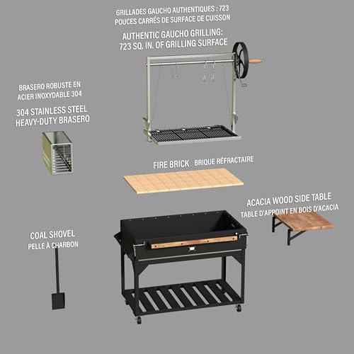 Backyard Discovery Argentine Santa Maria Wood Fire & Charcoal BBQ Grill with Brasero, Adjustable Grill Grates, Fire Bricks, Heavy-Duty Steel, S-Hooks, Acacia Wood Table for Outdoor Gaucho Grilling