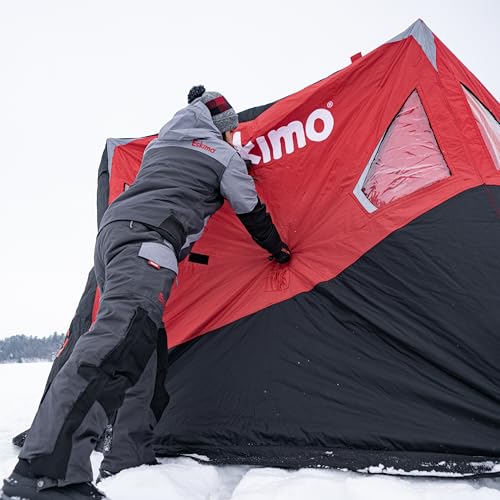 Eskimo Outbreak Portable Pop-Up Ice Fishing Shelter, Stormshield Insulated Fabric, No Trip Door, Durable Hub Design, Deluxe Tie Downs, Red/Black