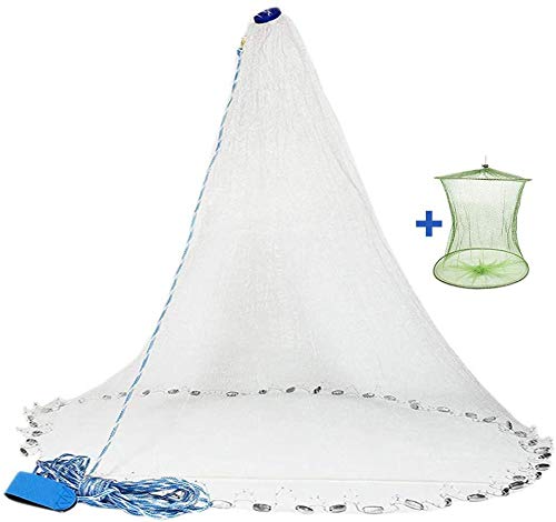 Yeahmart American Saltwater Fishing Cast Net for Bait Trap Fish 3ft/4ft/5ft/6ft/7ft/8ft/9ft/10ft Radius Casting Nets with Heavy Duty Real Zinc Sinker Weights, 3/8inch Mesh Size