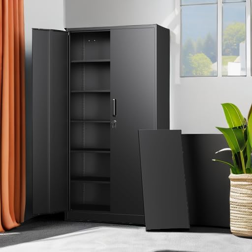 Letaya Metal Garage Storage Cabinets with Lock-72 Tall Tool Organizer Steel Lockers, 5 Adjustable Layers Shelves for Home,Office,Warehouse,Garage,(Black-72“)