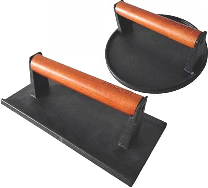 Burger Press 7.08" Round & 8.3”X4.3”Rectangle Heavy-Duty Cast Iron Smash Meat Steak With Wood Handle for Blackstone Camp chef Pitboss Weber Treager Griddle Grills (Round & Rectangle)