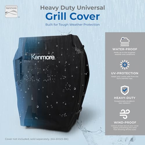 Kenmore 3-Burner Propane BBQ Grill, 30,000 BTUs Gas Grill with Cast Iron Cooking Grates, Folding Side Tables & Wheels, Outdoor Grill with Tool Hooks, Azure Blue