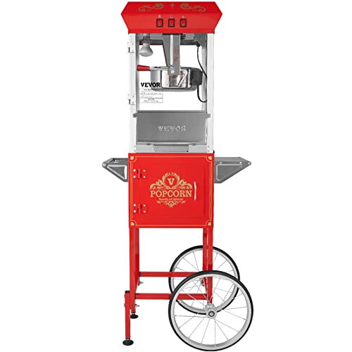 VEVOR Commercial Popcorn Machine, 8 Oz Kettle, 850 W Countertop Popcorn Maker for 48 Cups per Batch, Theater Style Popper with 3-Switch Control Steel Frame Tempered Glass Doors 2 Scoops 2 Spoons, Red