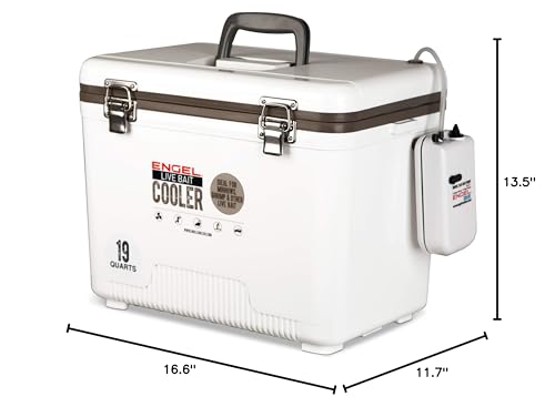 Engel Live Bait Cooler Box with 2nd Gen 2-Speed Aerator Pump - Portable Fishing Station & Minnow Bucket for Shrimp & Other Live Fish with Aerator - ENGLBC-N