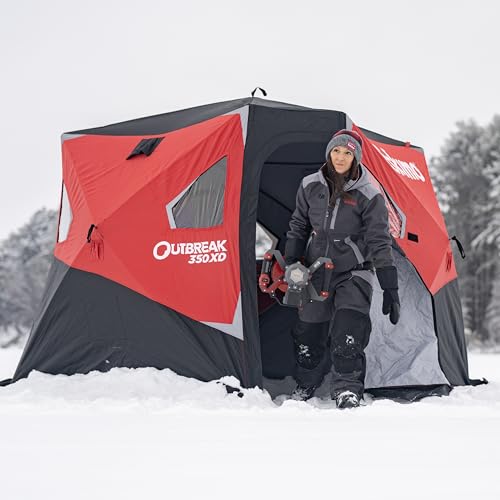 Eskimo Outbreak Portable Pop-Up Ice Fishing Shelter, Stormshield Insulated Fabric, No Trip Door, Durable Hub Design, Deluxe Tie Downs, Red/Black