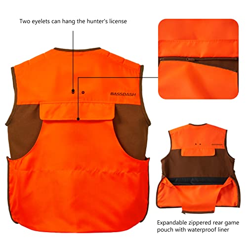 BASSDASH Upland Game Field Water-Resistant Bird Hunting Vest with Multi Pockets Brown/Orange Men Women FV11