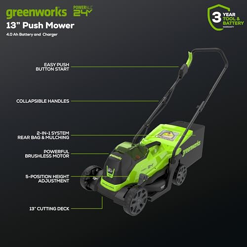 Greenworks 24V 13“ Brushless Cordless Lawn Mower with 4.0Ah Battery & Charger,Maintenance-Free Push Mower with 2-in-1 Mulch/Bag
