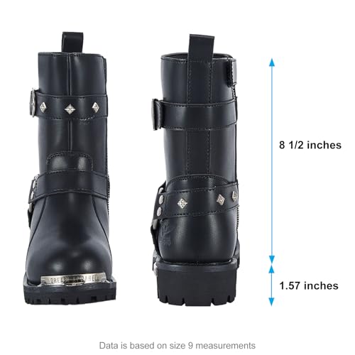 Dream Apparel Women PU Leather Harness Motorcycle Boots for Riding Waterproof Studded Biker Boots with Side Zipper & Buckle, Black Engineer Combat Mid-Calf Footwear