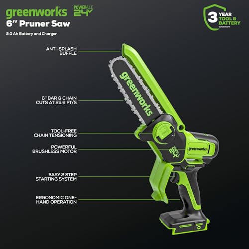 Greenworks 24V 6" Mini Chainsaw Cordless , Small Cordless Handheld Saw, 2.0Ah Battery and Charger Included, for Tree Trimming and Pruning