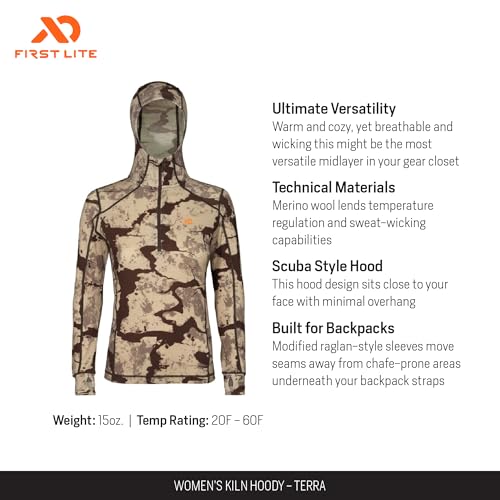 First Lite Women's Kiln Hoody - Merino Wool Midweight Camo Hunting Base Layer