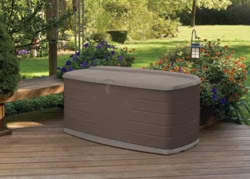 Rubbermaid Extra Large Resin Outdoor Storage Deck Box with Seat (120 Gal), Weather Resistant, Brown, Deck Organization for Home/Backyard/Pool Chemicals/Toys/Garden Tools/Porch/Patio Cushions