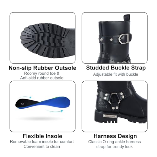 Dream Apparel Women PU Leather Harness Motorcycle Boots for Riding Waterproof Studded Biker Boots with Side Zipper & Buckle, Black Engineer Combat Mid-Calf Footwear