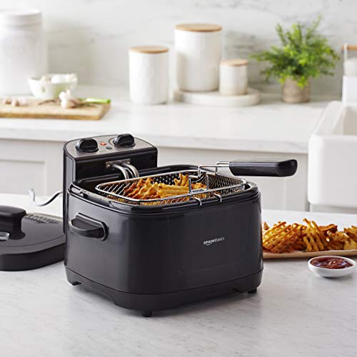 Amazon Basics 3.2-Qt (3.0L) Deep Fryer with 12-Cup Oil Capacity, Adjustable Temperature, Easy Draining Basket, Stainless Steel Exterior, Viewing Window, 1500W, Black & Silver