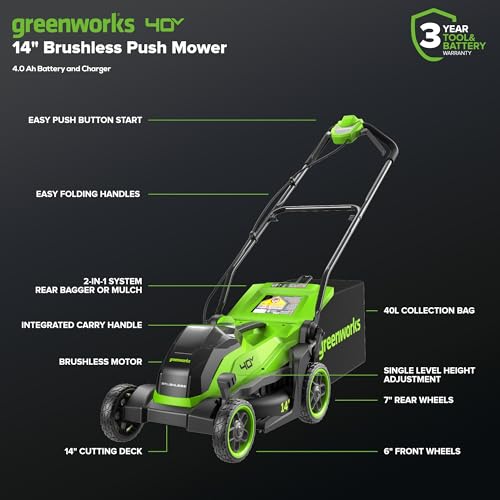 Greenworks 40V 14” Brushless (Push) Cordless Lawn Mower, 4.0Ah Battery and Charger
