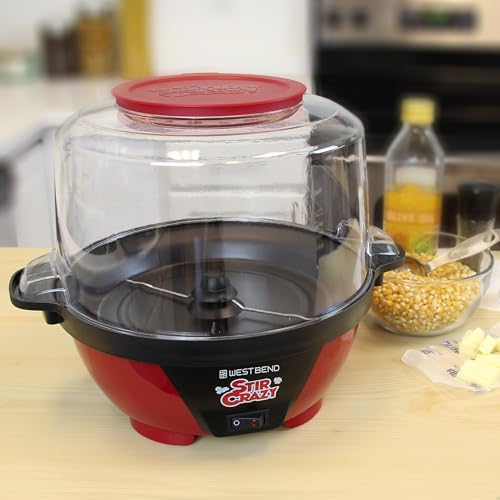 West Bend Stir Crazy Hot Oil Popcorn Popper, Popcorn Maker Machine with Large Serving Bowl Lid and Stirring Rod Perfect for Movie Night Snack Time or Parties, 6-Quart, Red