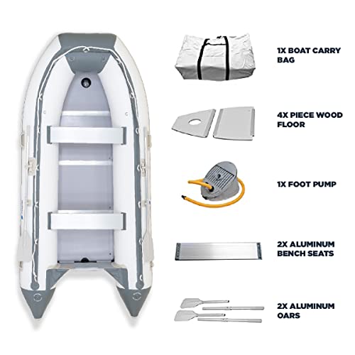 10ft 6in Newport Model Inflatable Dinghy Boat Transom Sport Tender - 5 Person - 15HP USCG Rated, White/Gray
