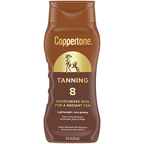 Coppertone Sunscreen Tanning Lotion SPF 8, Lightweight and Non Greasy Sunscreen, Water Resistant, Oxybenzone Free, Sun Tan Lotion Moisturizes Skin for a Radiant Tan, 8 Fl Oz Bottle, Pack of 2