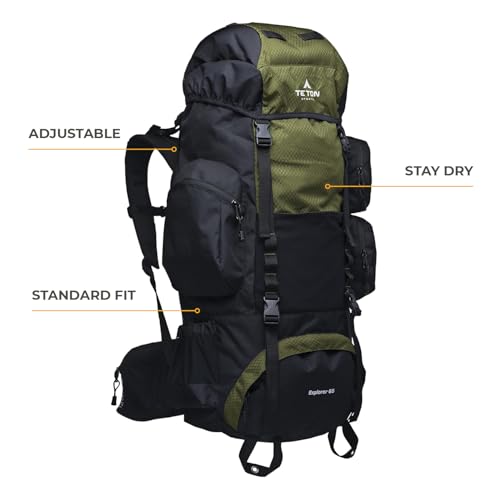 Teton 65L Explorer Internal Frame Backpack for Hiking, Camping, Backpacking, Rain Cover Included, Olive
