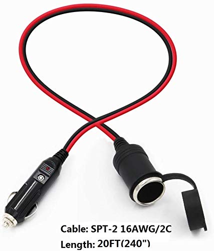 12V Cigarette Lighter Extension Cord 12FT -Car Charger Cigar Lighter Male Plug to Female Socket 16AWG Heavy Duty Extension Cable with LED Lights Extender for Air Compressor Pump and Tire Inflator 15A