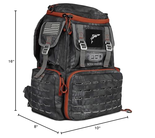EGO Kryptek Tactical Tackle Box Backpack, Durable Fishing Tool Bag, 1000D Nylon Fabric with PVC Back, Water-Resistant, Multiple Storage Pockets, Laser-Cut Molle Loops, Includes 4 Tackle Trays