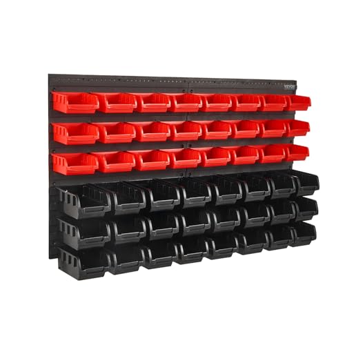 VEVOR Wall Mounted Storage Rack System, 30-Bin Parts Rack Organizer with Wall Panels/Tool Holders/Hooks, Garage Plastic Shop Tool Organizer for Nuts, Bolts, Screws, Nails, Beads, Buttons