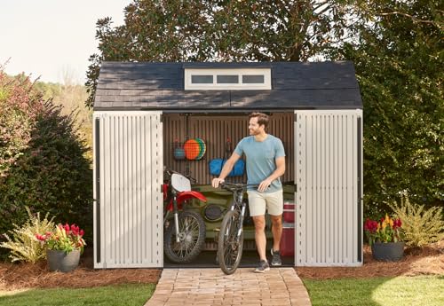 Rubbermaid Extra Large Resin Outdoor Storage Shed With Floor (7 x 10 Ft.), Weather Resistant, Brown, Organization for Home/Lawn Mower/Backyard Equipment/Bike Storage/Pool Supplies