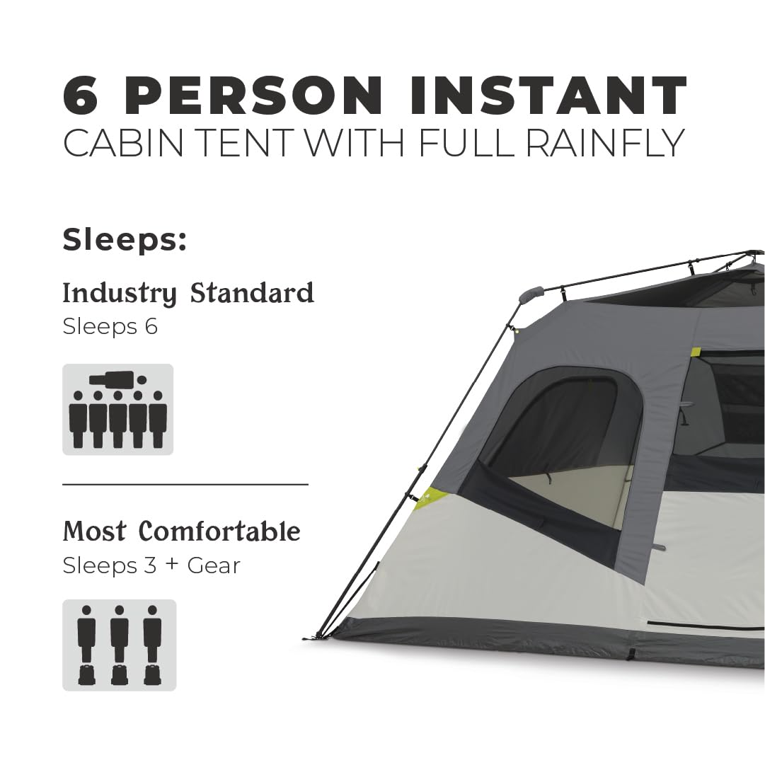 CORE Instant Cabin Tents | 6 Person / 9 Person / 10 Person / 12 Person Family Cabin Multi Room Pop Up Tents Car Camping | Included Storage Pockets for Camping Accessories