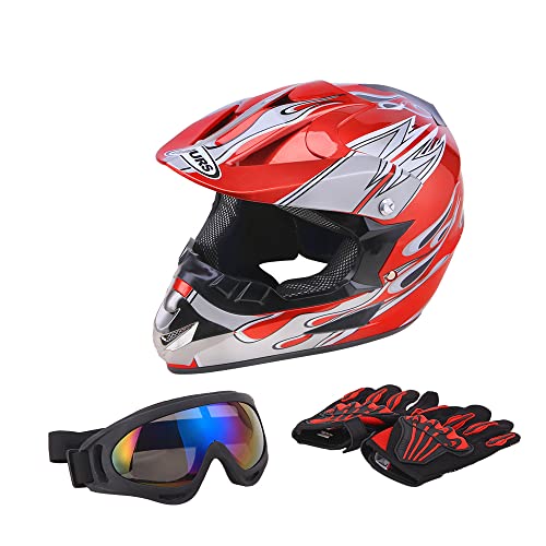 Adult Motocross Dirt Bike Helmet with Goggle, Gloves & Mask - DOT/FMVSS-218 Off-Road Motorcycle & ATV Helmet with Adjustable Sun Visor