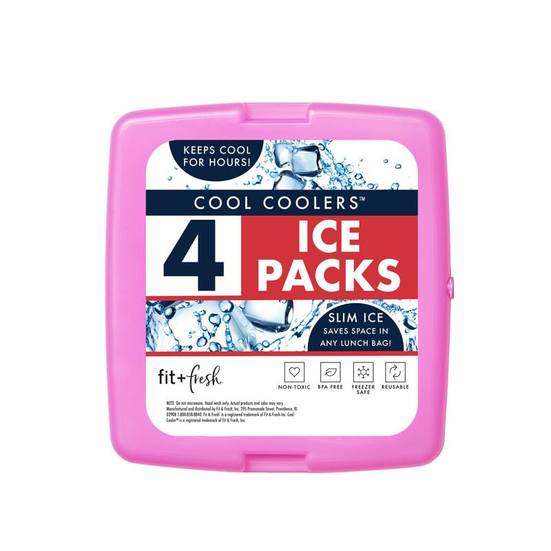 Cool Coolers by Fit & Fresh 4 Pack Slim Ice Packs, Quick Freeze Space Saving Reusable Ice Packs for Lunch Boxes or Coolers, Multi Colored