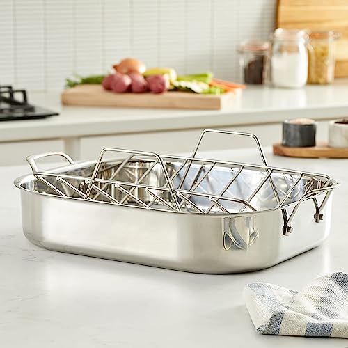 Amazon Basics Stainless Steel Rectangular Roasting Pan with Rack, 16 in