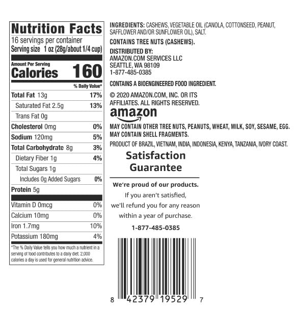 Amazon Brand - Happy Belly Fancy Whole Cashews, Roasted and Sea Salted, 44 ounce (Pack of 1)