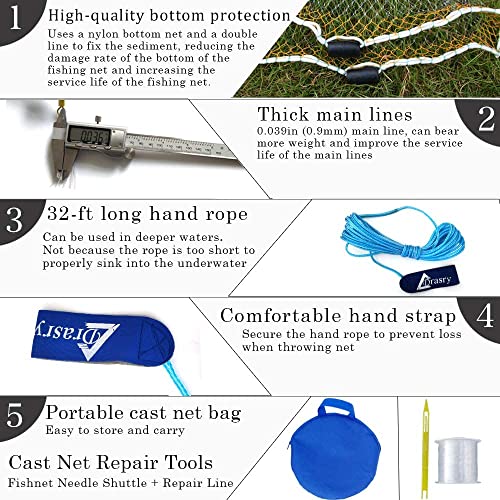 Drasry Saltwater Fishing Cast Net for Bait Trap with Heavy Sinkers Fish Throw Net. Size 3ft/4ft/5ft/6ft/7ft/8ft/9ft/10ft Radius Freshwater Nets