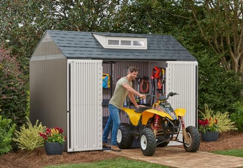 Rubbermaid Extra Large Resin Outdoor Storage Shed With Floor (7 x 10 Ft.), Weather Resistant, Brown, Organization for Home/Lawn Mower/Backyard Equipment/Bike Storage/Pool Supplies