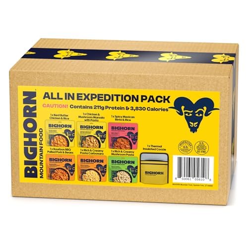 BIGHORN Mountain Food - All In Expedition Pack – contains 6 pouches | 12 servings | 211g Protein | 3,830 Calories – premium freeze dried meals - includes 1 each of our 6 entrees and 1 Insulated Coozie